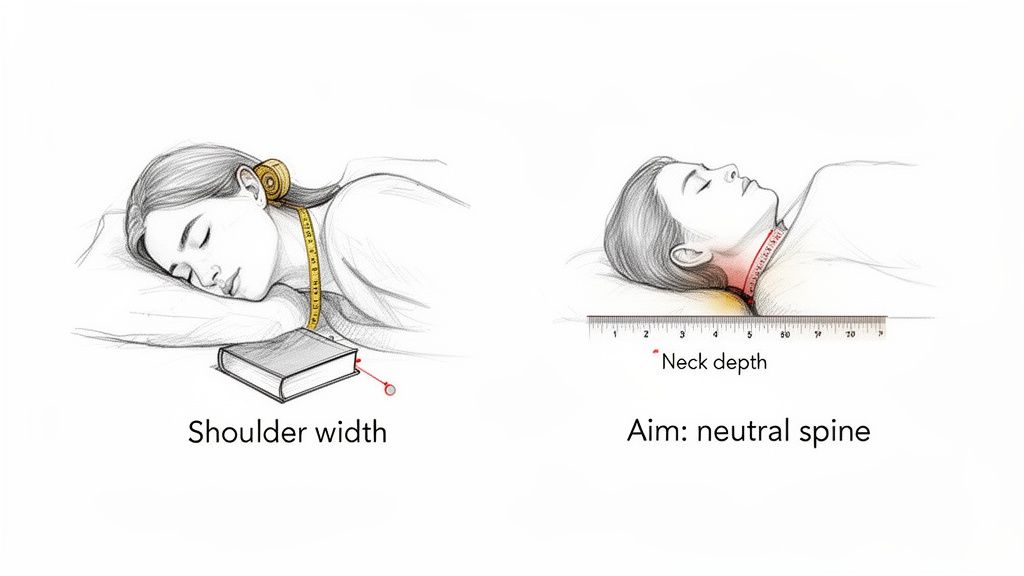 Illustrations demonstrate measuring shoulder width and neck depth for pillow selection to maintain a neutral spine.