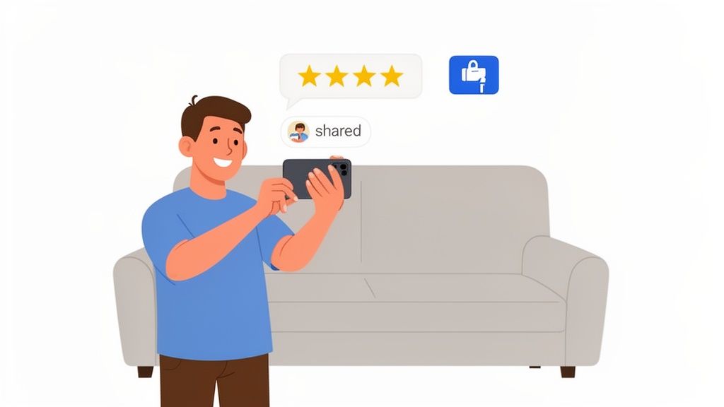 A smiling man takes a photo with a smartphone, with rating stars and a shared icon.