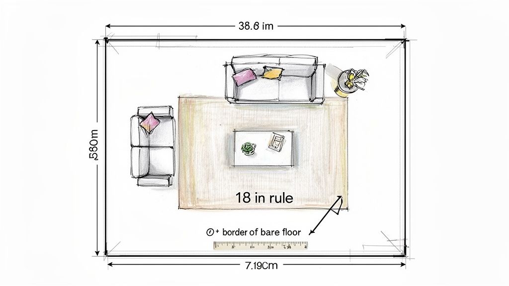 Living room floor plan sketch demonstrating the 18-inch rug placement rule with furniture and dimensions.