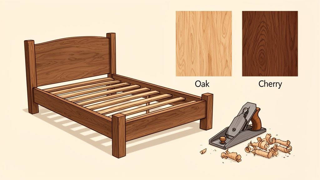 Illustration of a wooden bed frame, wood samples (Oak, Cherry), and a woodworking hand plane.