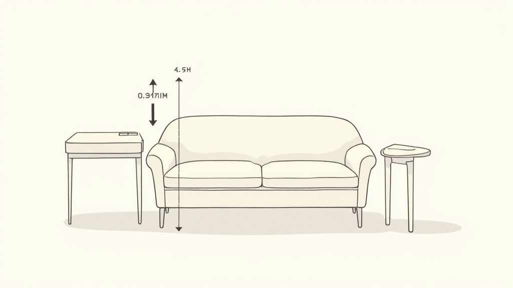 Diagram showing sofa height measurement of 0.91M and 4.5H with side tables for scale reference