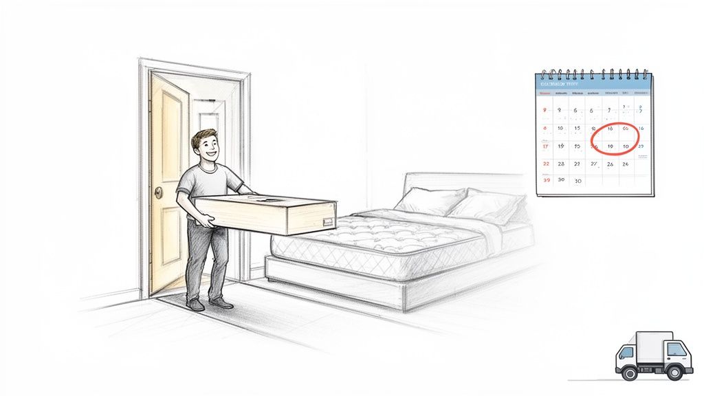 A smiling person carries a new mattress box into a bedroom with a bed and calendar.