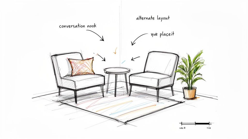 A sketch of a cozy conversation nook with two armless chairs, a small table, a rug, and a plant.