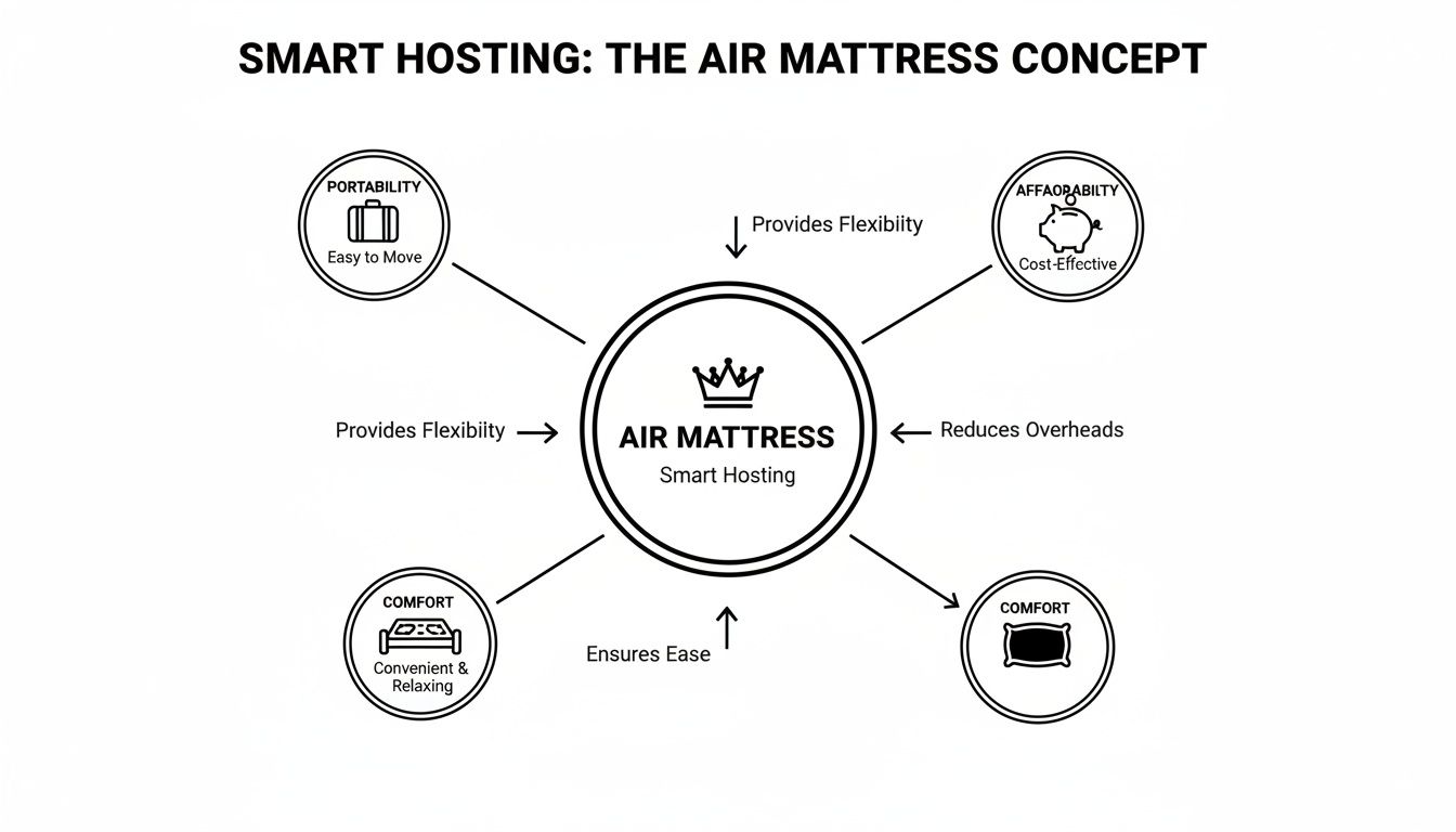 Diagram illustrating the benefits of smart hosting with air mattresses, highlighting portability, affordability, and comfort.