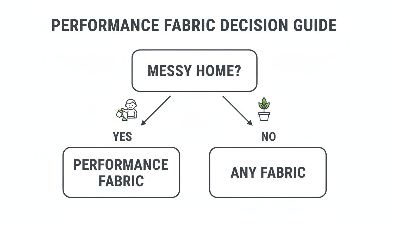A flowchart decision guide helping choose between performance fabric and any fabric based on home messiness.
