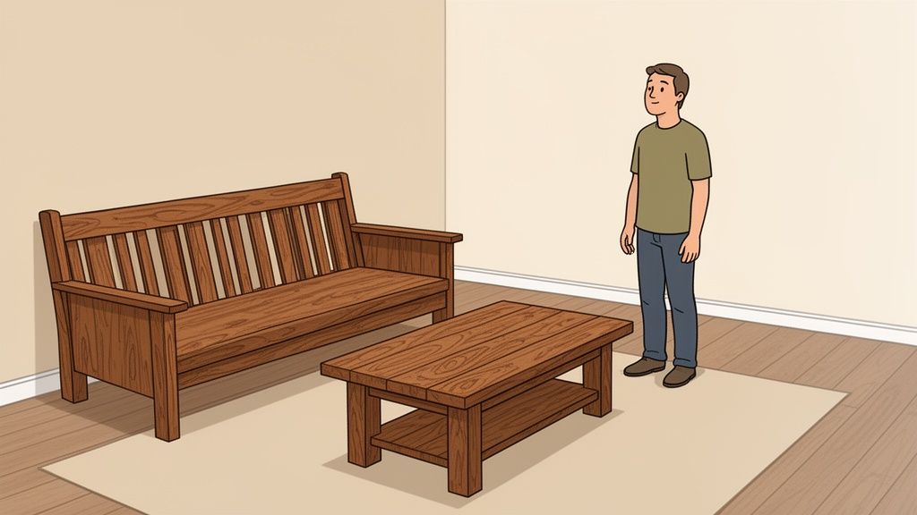 A man stands in a room with light-colored walls and floor, next to wooden living room furniture: a bench and a coffee table.