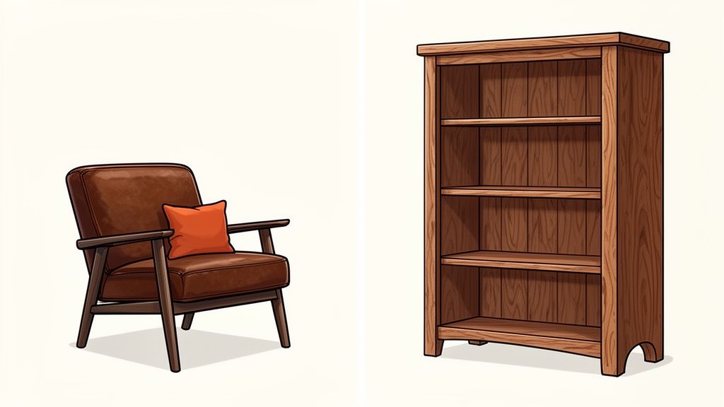 A comfortable brown leather armchair with an orange cushion sits next to a classic wooden bookshelf.