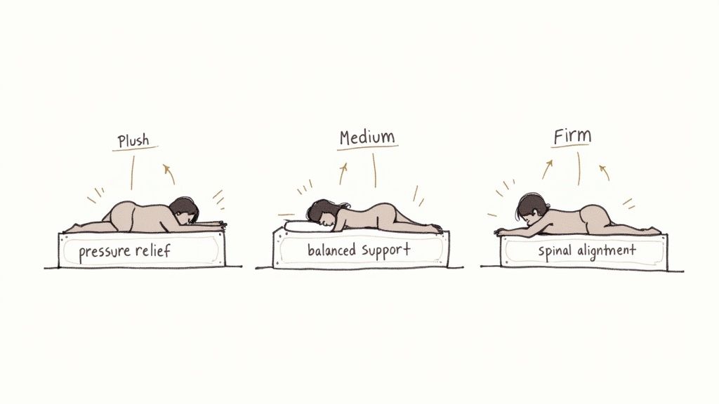 Illustration showing three mattress firmness levels: plush for pressure relief, medium for balanced support, and firm for spinal alignment.