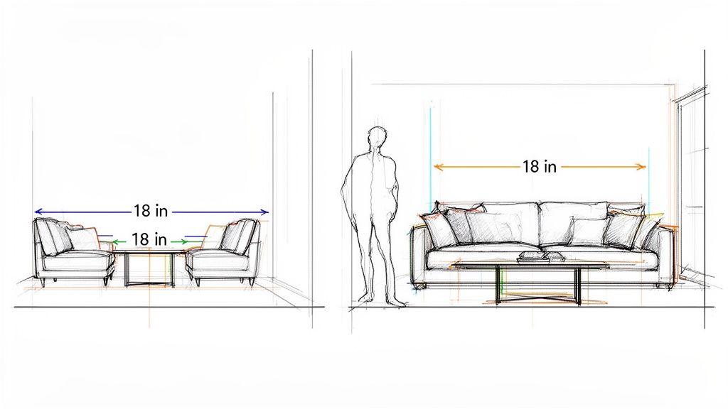 Two living room layouts demonstrating optimal 18-inch furniture spacing between seating and tables.