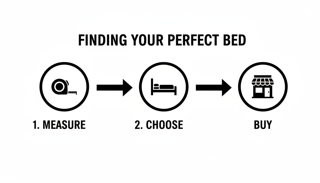A three-step infographic demonstrating how to find your perfect bed: measure, choose, and buy.