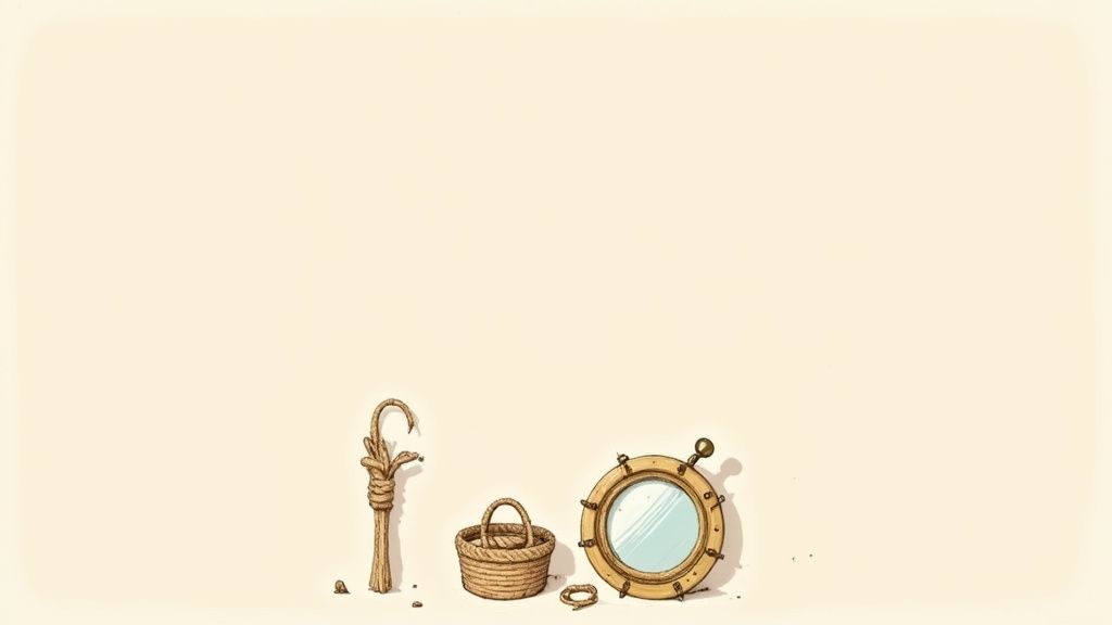 Illustration of nautical decor: a rope boat hook, wicker basket, and porthole mirror on a light background.