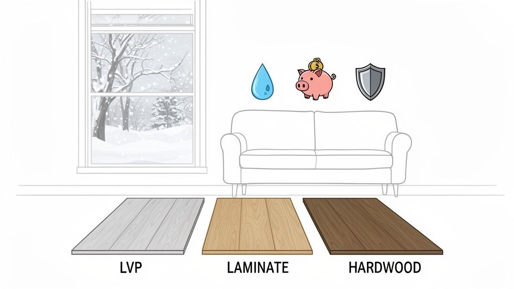 Illustration comparing LVP, laminate, and hardwood flooring with icons for water, cost, and durability.