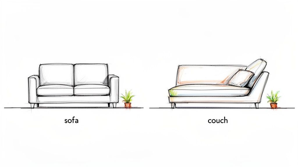 An illustrative sketch comparing the design and features of a sofa and a couch, each with a small plant.