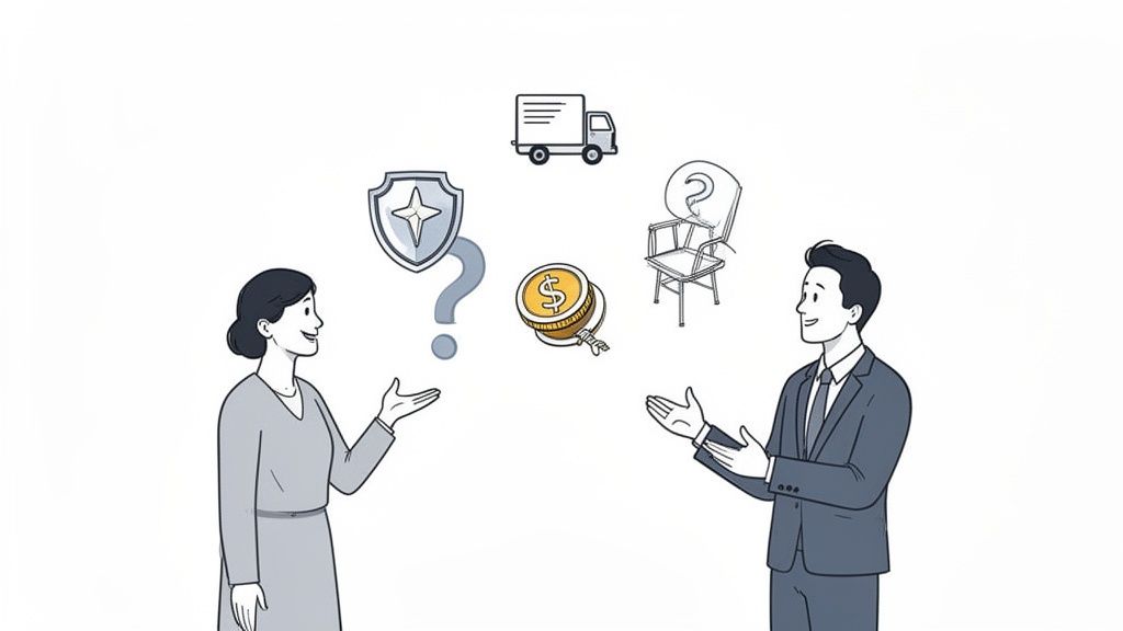 Illustration of two people discussing furniture, delivery, finances, and security related to services.