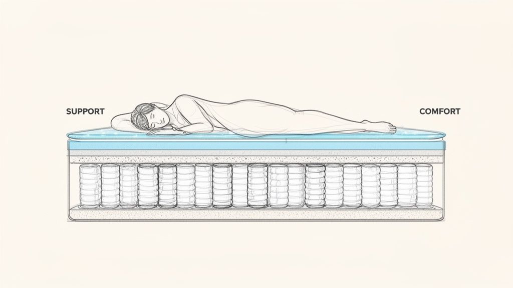 Side view of a person sleeping on a mattress cross-section, illustrating comfort and support layers.