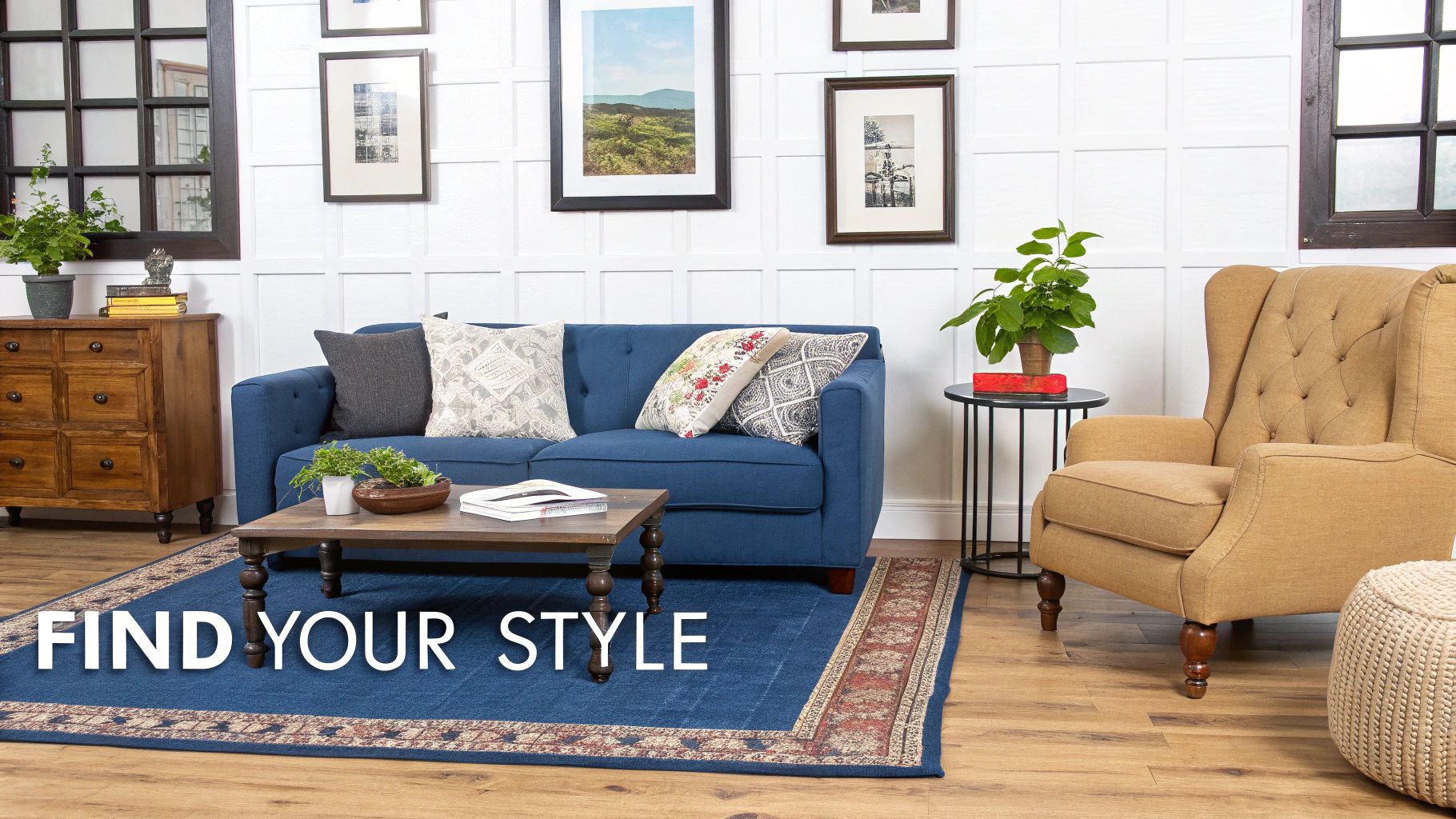 A warm and inviting living room featuring a blue sofa, yellow armchair, wooden furniture, and decorative rug.