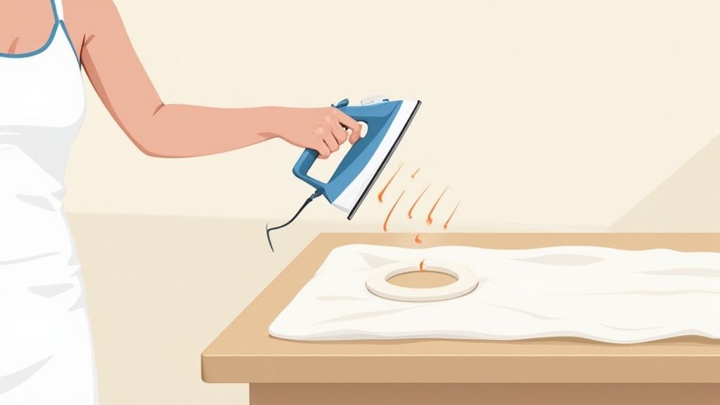 Illustration showing a person using a person using a hot iron to remove wax from a white cloth.