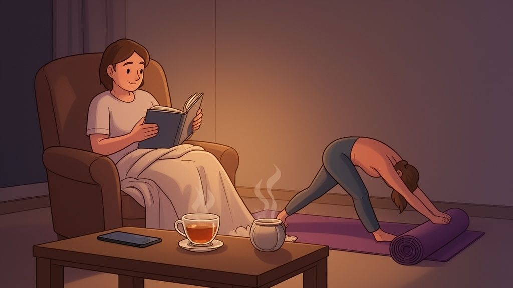 Cozy evening scene with a woman reading a book and another practicing yoga.