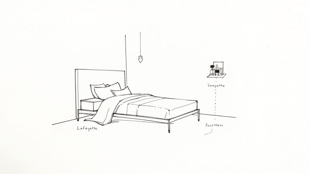 A minimalist black and white line drawing depicting a bedroom with a bed, nightstand, and desk.