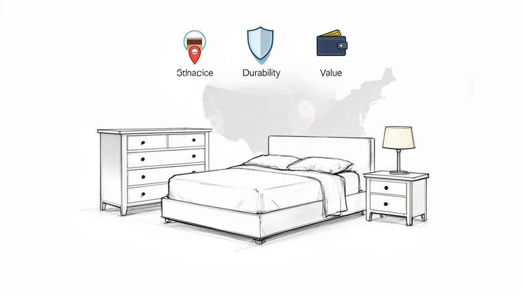 Sketch of bedroom furniture including a dresser, bed, and nightstand with icons for 'Stinacice', 'Durability', and 'Value'.
