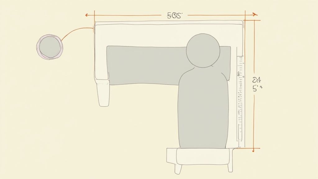 Top view floor plan showing bed dimensions of 56 inches width and 84.5 inches length with nightstand