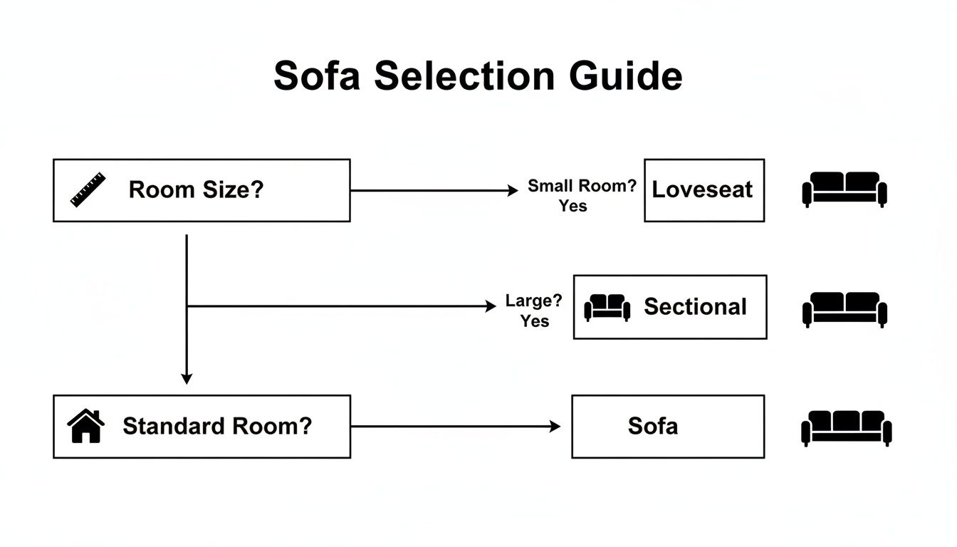 A flowchart guide for choosing the right sofa based on room size, including loveseat, sectional, and standard sofa options.