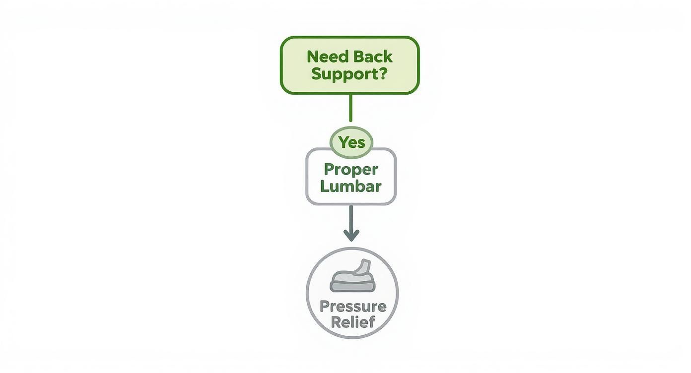 Flowchart showing proper lumbar support leads to pressure relief for back pain management