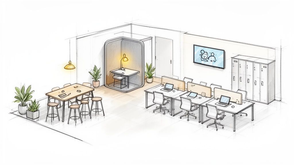 An illustration of a modern, flexible office space featuring collaborative, private, and open workstations.