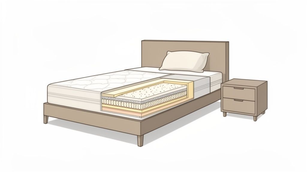 Detailed illustration of a mattress construction on a bed with a pillow and a matching nightstand.