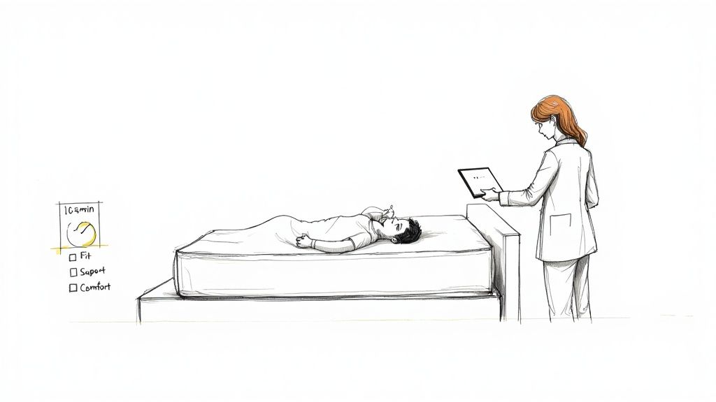 A doctor monitors a patient testing a mattress, checking comfort and support on a tablet.