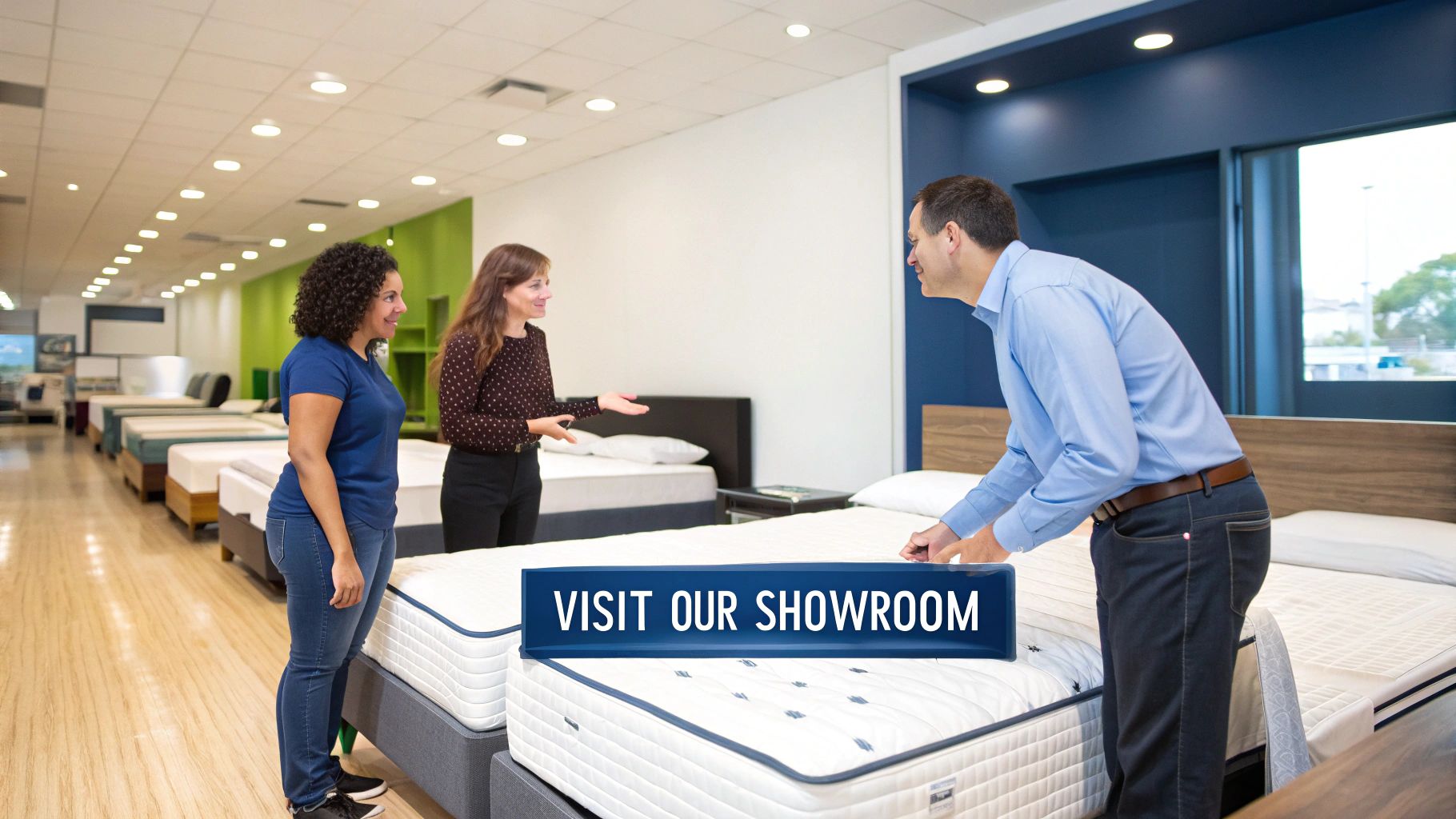 Three people, including a salesperson, talking in a bright mattress showroom with many beds on display, encouraging a visit.