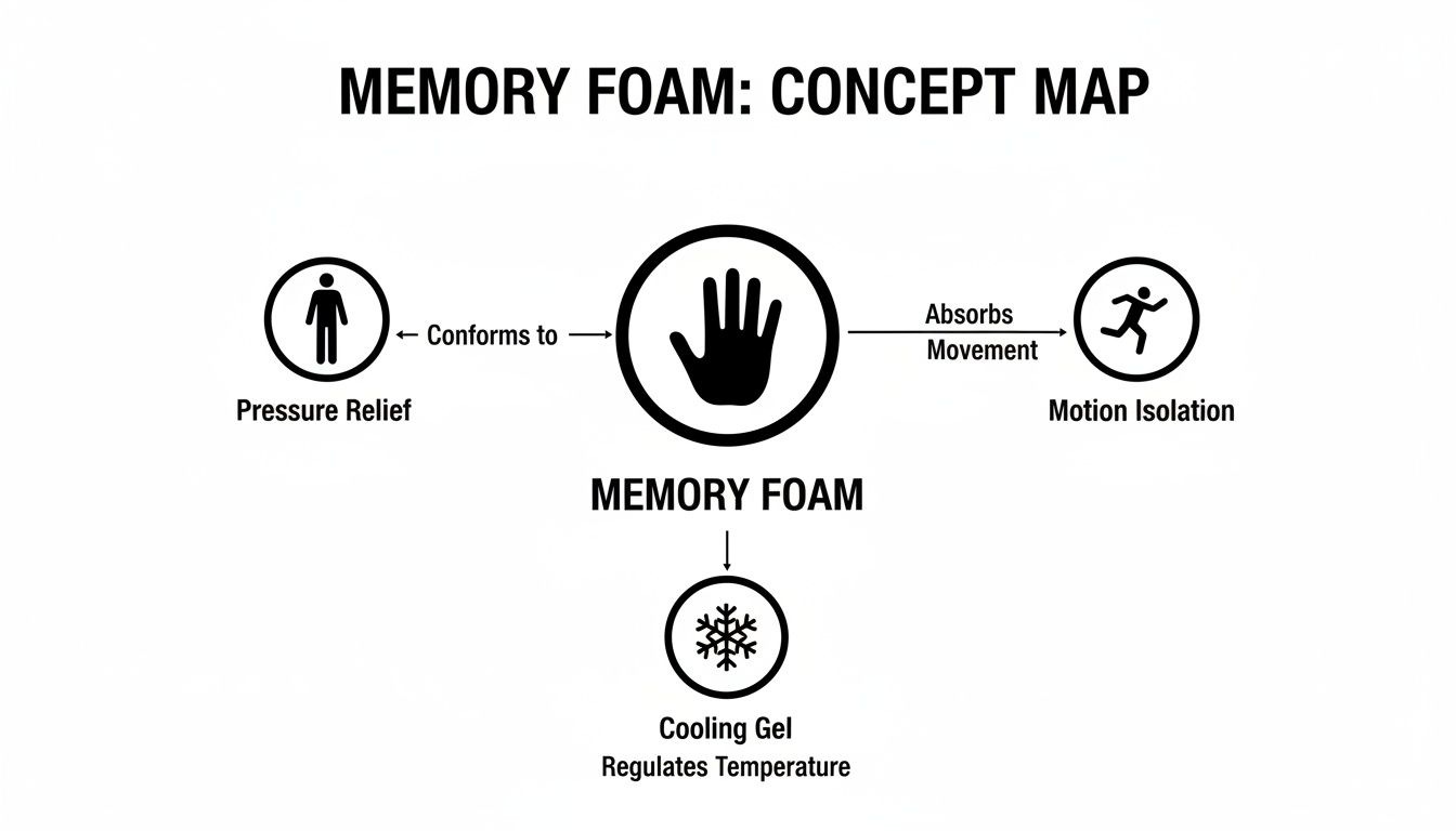 Concept map illustrating memory foam's benefits: pressure relief, motion isolation, and cooling features.