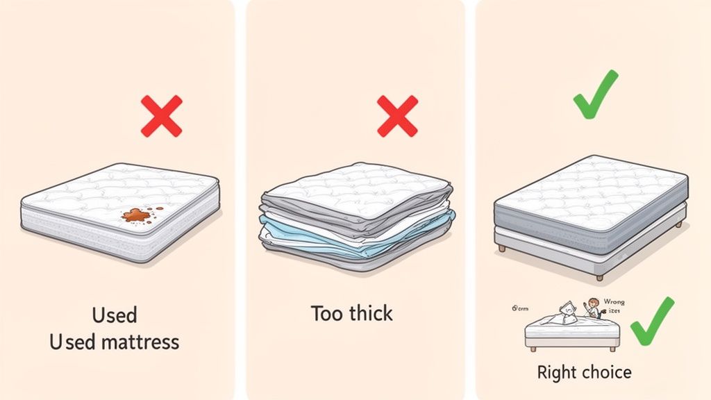 Illustration showing three panels for mattress selection: avoiding used or too thick mattresses, and choosing the right fit.