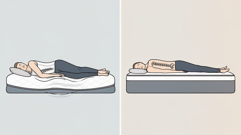 Illustrations comparing a person's spinal alignment on a soft, sagging mattress versus a firm, supportive mattress.