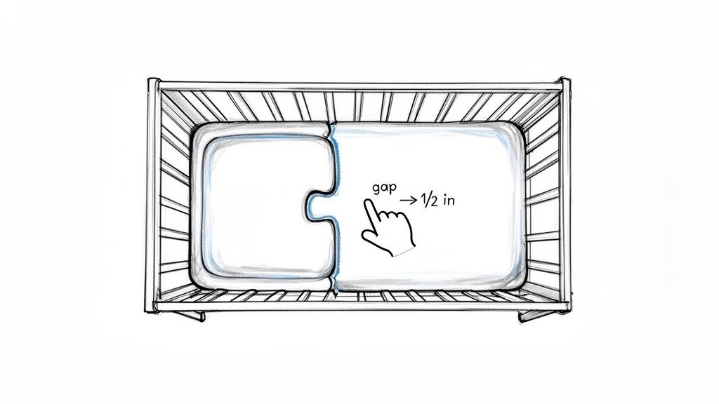 Overhead sketch of a crib showing two puzzle-piece-shaped mattress sections with a 1/2 inch gap between them.