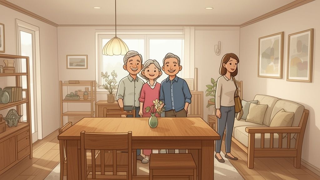 A multi-generational family happily gathers in a cozy, well-furnished living room with wooden furniture.