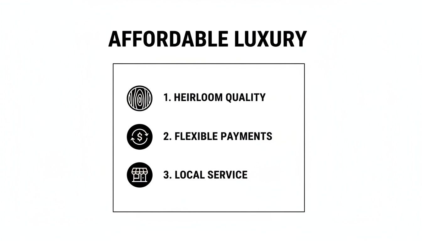 An image promoting affordable luxury with heirloom quality, flexible payments, and local service benefits.
