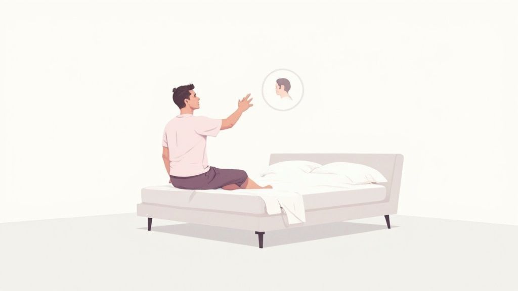 A man sitting on a bed reaching out towards a floating head in a circle, perhaps a dream or memory.