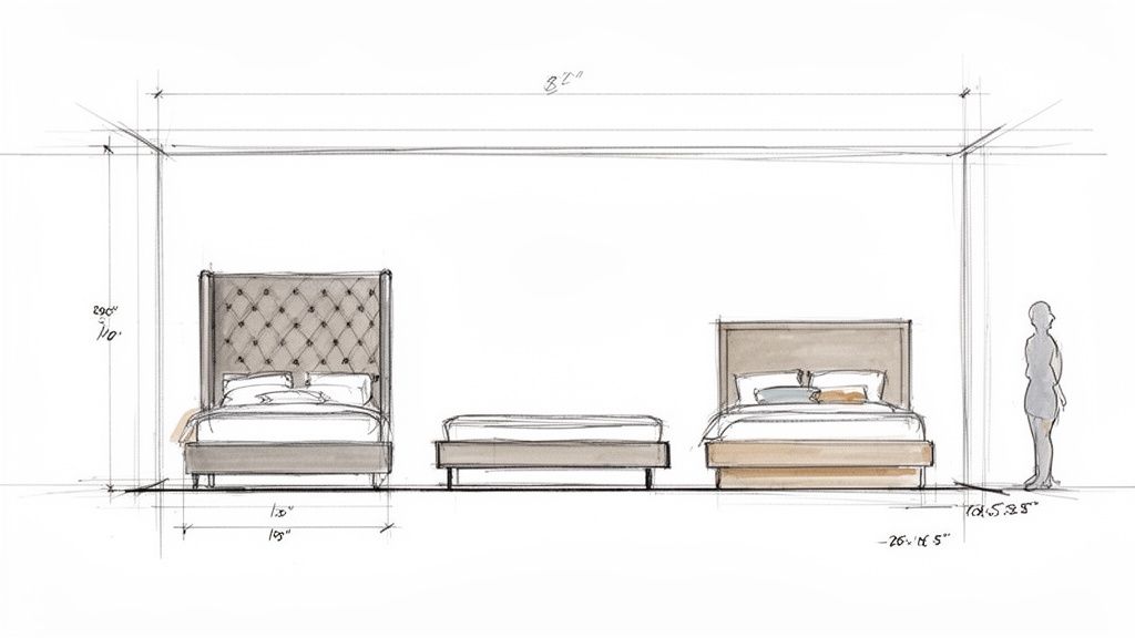 Architectural sketch showcasing various bed designs, including tufted and platform styles, with room dimensions and a human figure.