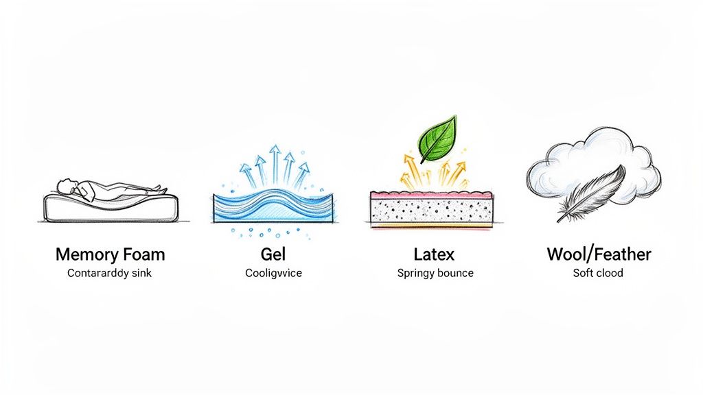 Illustrations of mattress materials: Memory Foam for sink, Gel for cooling, Latex for bounce, and Wool/Feather for softness.