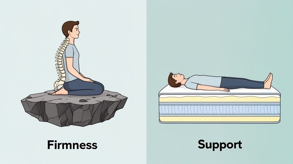 Illustrations comparing mattress firmness (person sitting on a rock) with support (person lying on a mattress keeping spine aligned).