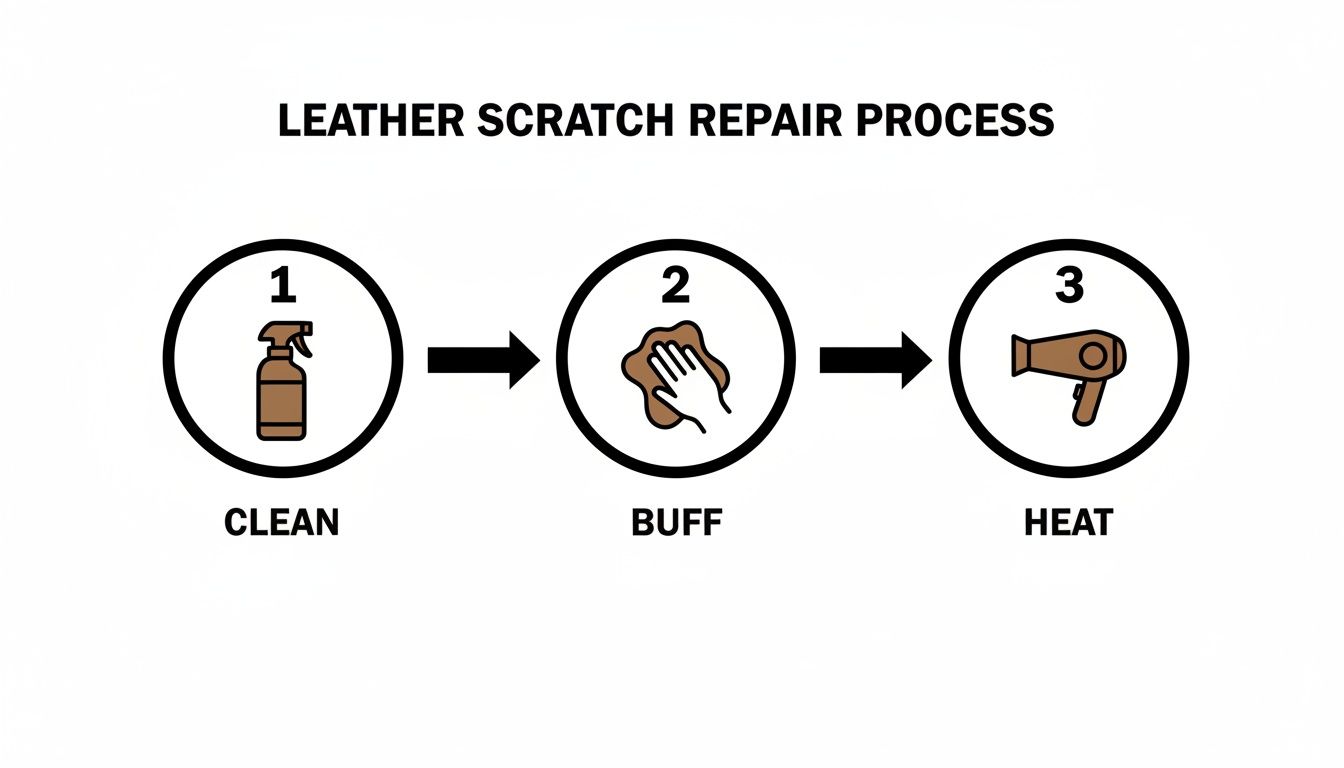 A three-step diagram illustrating the leather scratch repair process: clean, buff, and heat.