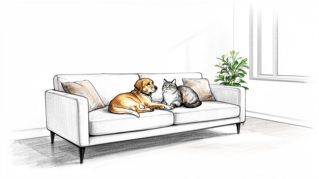 A friendly dog and cat relax together on a white couch in a bright living room.