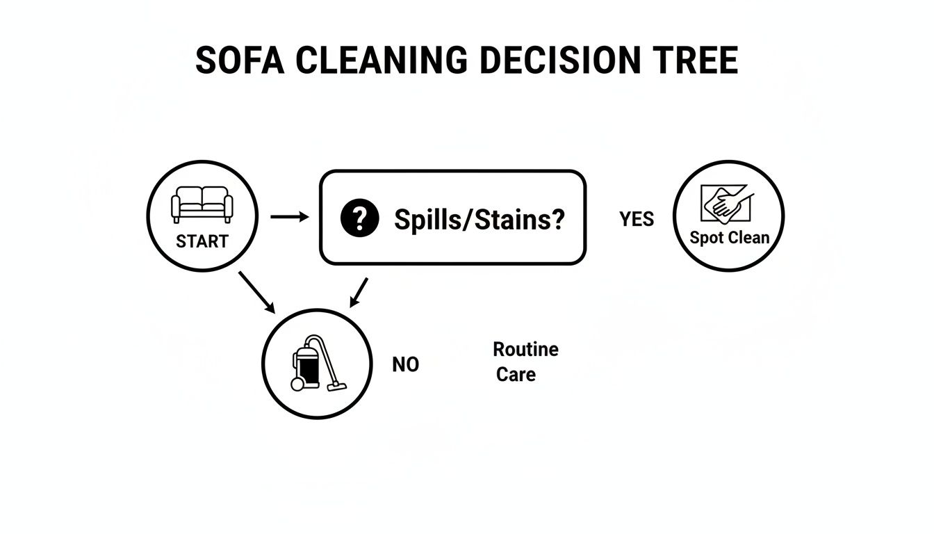 A sofa cleaning decision tree flowchart guiding users on how to clean their couch.