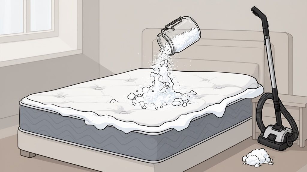 White powder being spread onto a mattress for cleaning, with a vacuum cleaner nearby.