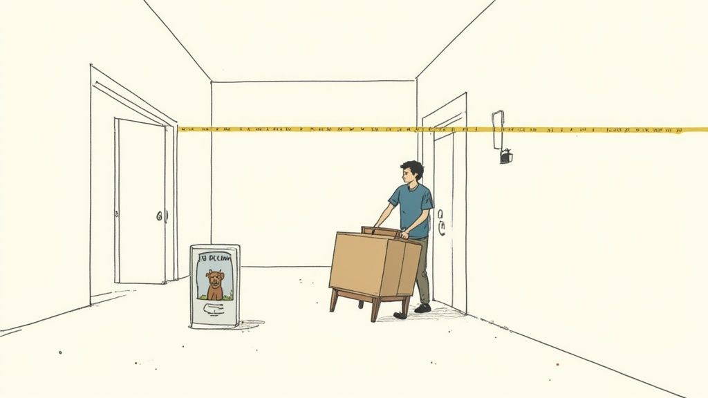 A person pushes a large brown box of furniture on wheels through a hallway past a dog poster and doors.