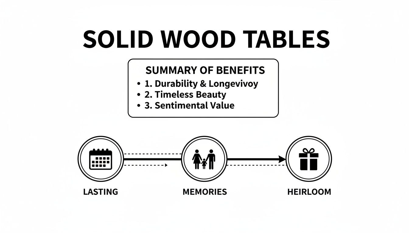 Infographic illustrating the benefits of solid wood tables: durability, timeless beauty, sentimental value, and heirloom journey.