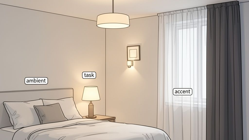 An illustration of a bedroom showcasing ambient, task, and accent lighting principles.