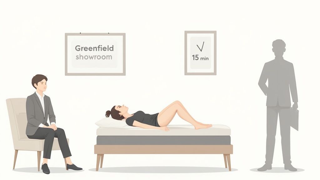 A person comfortably testing a mattress in a bright showroom.