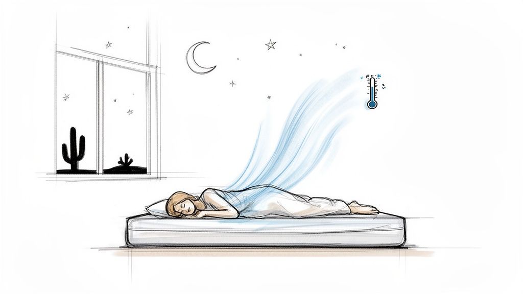 Woman sleeping on a mattress as cool air flows over her, with a thermometer showing low temperature.